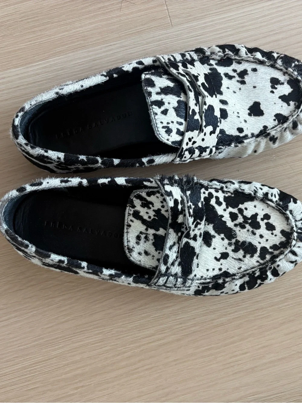Freda Salvador Black & White Cow Haircalf Penny Loafers